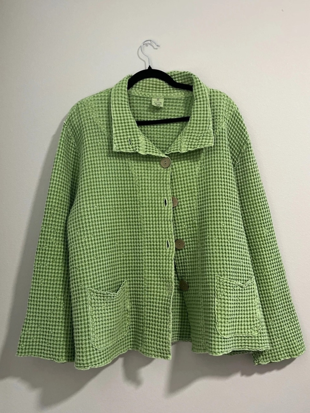100% Cotton Light Green Waffle Knit Button Front Jacket